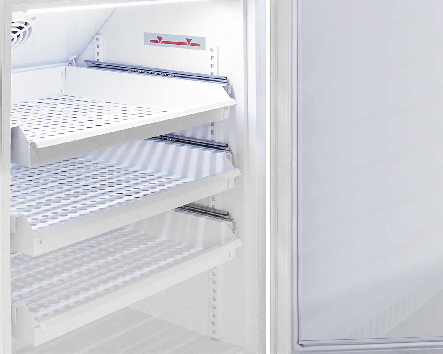 Performance series Med-Lab 8 cu.ft. upright all-refrigerator with four ventilated removable drawers, antimicrobial silver-ion handle, and hospital grade cord with 'green dot' plug